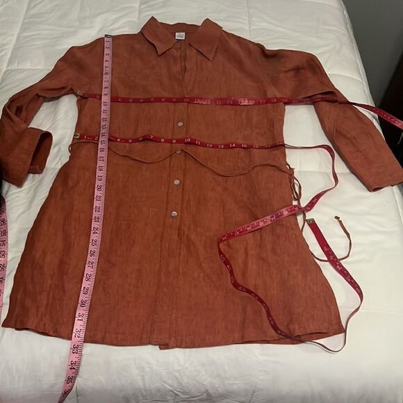 Camaieu Tunic Dress 💯 Linen Collar V Neck Rust Burnt Orange Belted 3/4 Sleeves - Picture 13 of 13